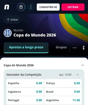Odds para favoritos na Novibet, que exibe a Espanha como principal candidato ao título