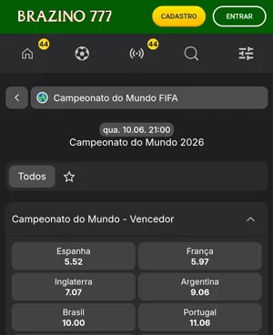 Odds para favoritos na Brazino777, que exibe a Inglaterra como terceiro candidata ao título