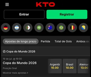 Odds para favoritos na KTO, onde o Brasil aparece como a quinta principal seleção