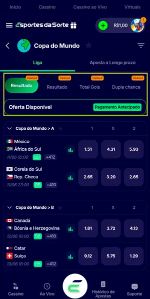 Interface de apostas na Copa do Mundo na Esportes da Sorte, com destaque para os recursos de Pagamento Antecipado e Cash Out
