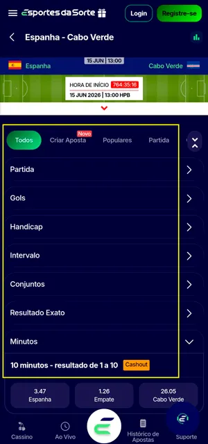 Categorias de mercados de apostas na Copa do Mundo na Esportes da Sorte, onde pode-se ver o selo de “Cash out”

