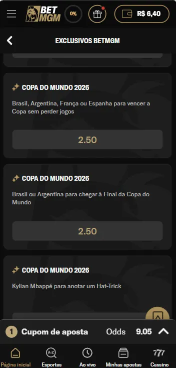 Mercados exclusivos da BetMGM para a Copa do Mundo 2026 com apostas especiais envolvendo Brasil, Argentina e Mbappé