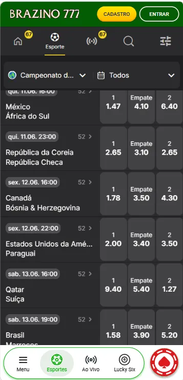 ela da Brazino777 com odds para jogos da Copa do Mundo 2026 e apostas disponíveis para partidas da fase de grupos
