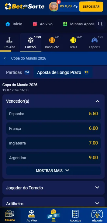 Mercado de vencedor da Copa do Mundo 2026 na Bet dá Sorte com odds para Espanha, França, Inglaterra e Argentina.