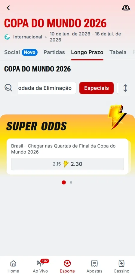 Super Odds da Superbet para a Copa do Mundo 2026 com mercado especial para o Brasil chegar às quartas de final