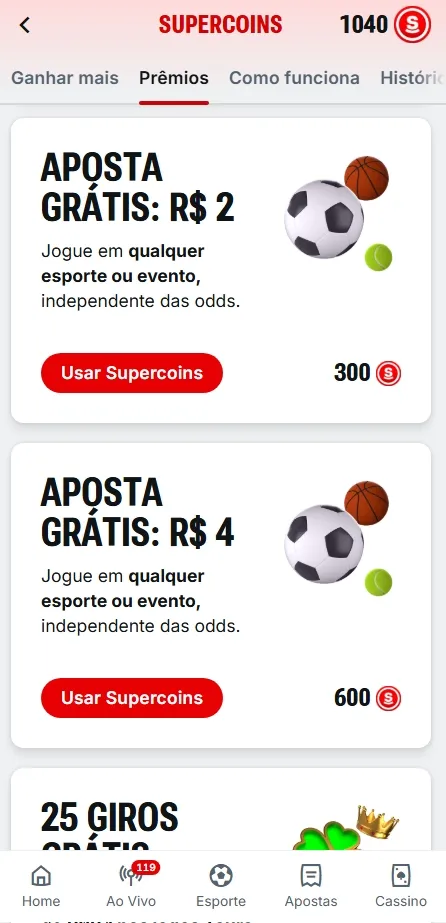 Programa SuperCoins da Superbet com troca de pontos por apostas grátis