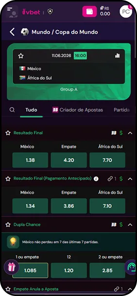 Vbet com mercados para México x África do Sul na Copa do Mundo 2026