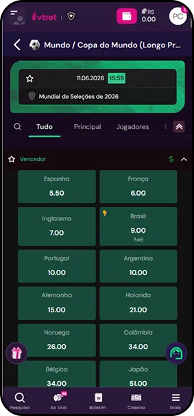 Vbet com odds para campeão da Copa do Mundo 2026, com Espanha, França, Brasil e Argentina