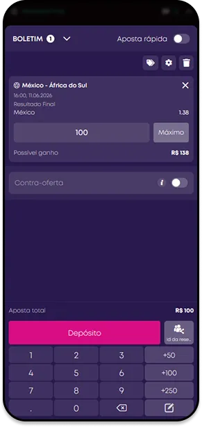 Vbet com boletim de aposta em México x África do Sul, odd 1.38 para vitória do México, possível ganho de R$138