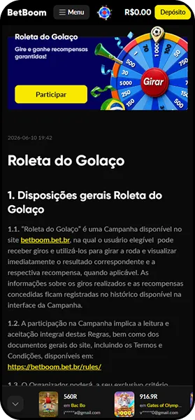BetBoom com promoção Roleta do Golaço oferecendo recompensas garantidas a cada giro