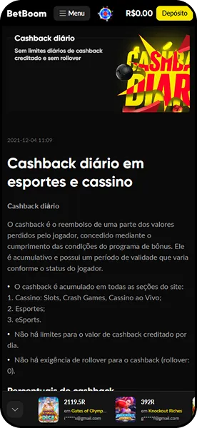 BetBoom com promoção Cashback Diário sem limite de valor e sem rollover em esportes, cassino e eSports
