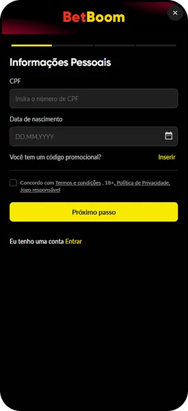 Formulário de cadastro Betboom solicitando CPF, data de nascimento e código promocional
