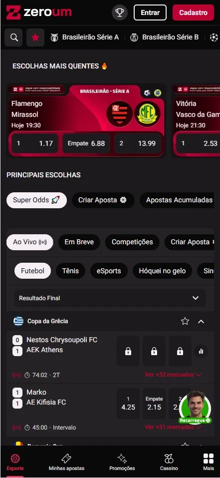 Página inicial ZeroUm, mercados bloqueados na Copa da Grécia e odds do Brasileirão Série A