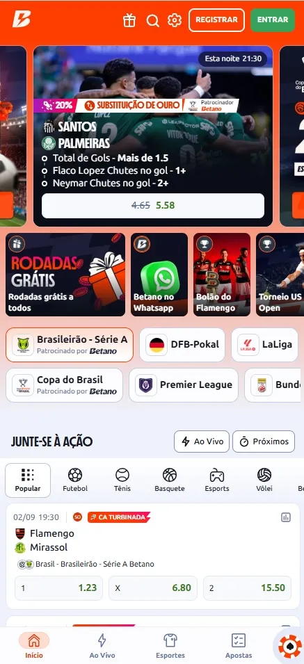 Página inicial Betano, Substituição de Ouro com 20% de aumento na odd de gols em Santos x Palmeiras