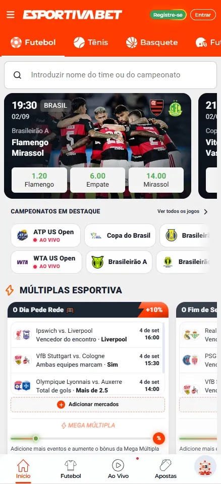 Página inicial EsportivaBet, odds de Flamengo x Mirassol pelo Brasileirão Série A e Múltiplas Esportivas