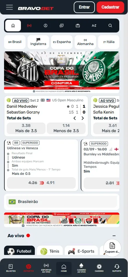 Página inicial BravoBet, mercados Super Odd para Udinese x Venezia e Burnley x Middlesbrough