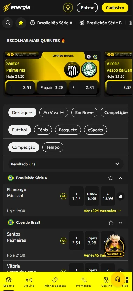 Página inicial Energia Bet, odds de Santos x Palmeiras pela Copa do Brasil e Brasileirão Série A