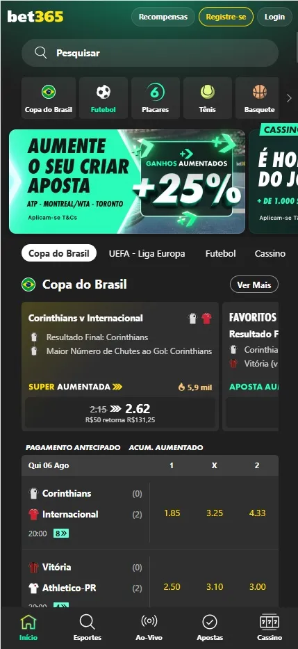 Casa de apostas bet365 com mercados para a Copa do Brasil e UEFA - Liga Europa