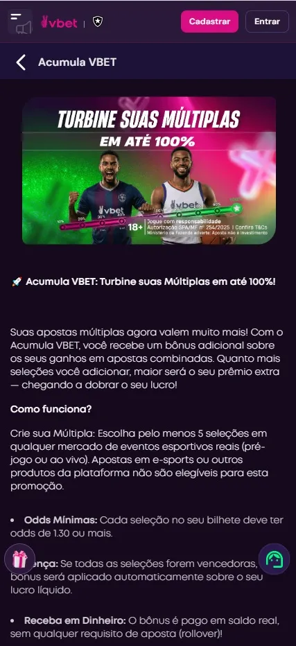 Promoção Acumula VBET com bônus de até 100% em apostas múltiplas com mínimo de 5 seleções e odds de 1.30