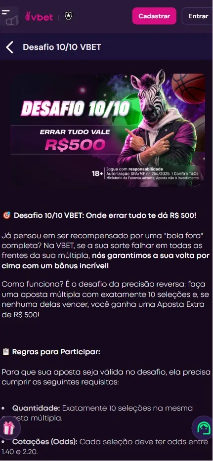 Desafio 10/10 VBET com aposta extra de R$500 ao errar todas as 10 seleções com odds entre 1.40 e 2.20
