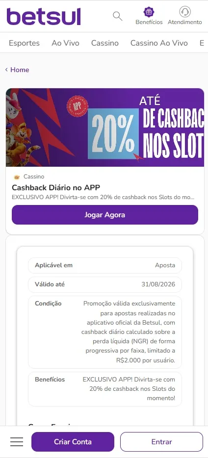 Promoção de Cashback Diário no APP da Betsul, mostrando até 20% de cashback nos slots com funcionamento progressivo por faixa de perda