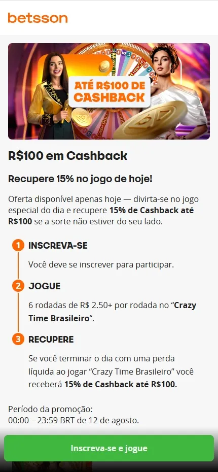 Promoção de cashback da Betsson com 15% de reembolso no jogo Crazy Time Brasileiro, mostrando as etapas de inscrição, jogo e recuperação