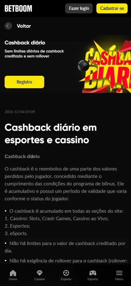 Cashback diário da Betboom mostrando tabela de percentuais por nível do jogador, cobrindo cassino, esportes e esports sem rollover