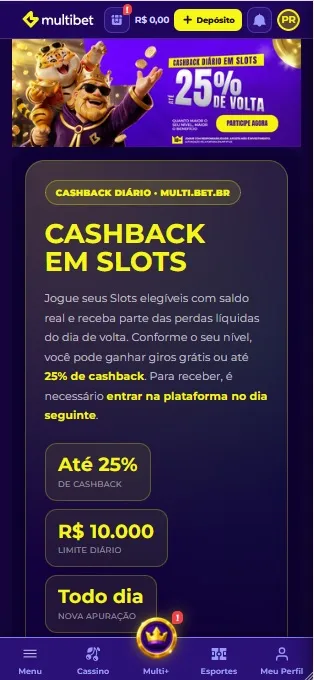 Cashback em slots da Multibet com faixas de reembolso progressivo por nível, teto de R$ 10.000 por dia e instruções de como funciona a apuração