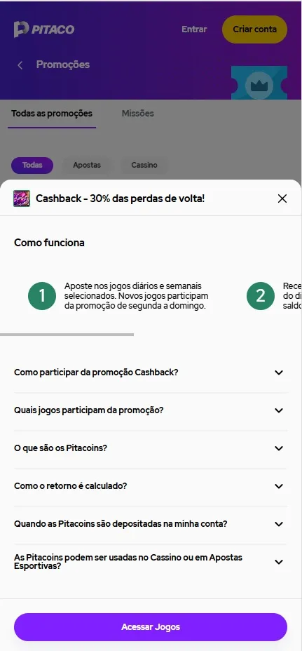 Promoção de cashback da Pitaco explicando o funcionamento do reembolso de 30% em Pitacoins, com detalhes sobre elegibilidade e uso das moedas promocionais