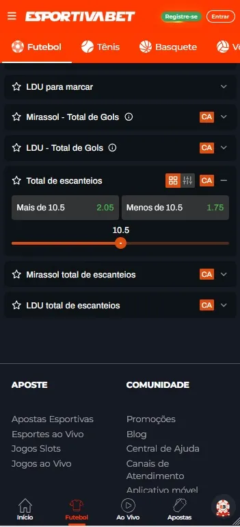 Esportivabet mostrando mercados de escanteios disponíveis, incluindo total de escanteios e escanteios por time, com ícone CA para combinação no Criar Aposta