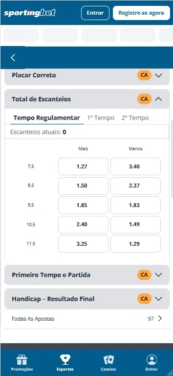 Sportingbet com mercado de Total de Escanteios dividido por abas de Tempo Regulamentar, 1º Tempo e 2º Tempo, marcado com ícone CA