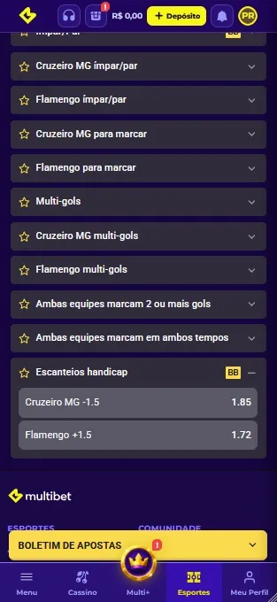 Multibet exibindo os mercados de Total de Escanteios e Escanteios Handicap, ambos marcados com o ícone BB do Bet Builder
