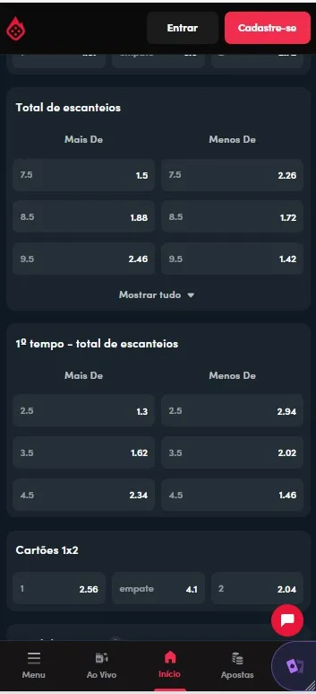 Blaze com os mercados de Escanteios 1x2, Total de Escanteios e 1º Tempo Total de Escanteios disponíveis na plataforma