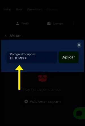 Área de cupons na Br4bet com o código "BETURBO" inserido no campo de aplicação