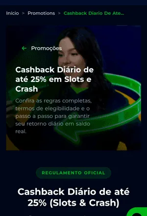 Página da oferta de cashback diário para slots e crash games