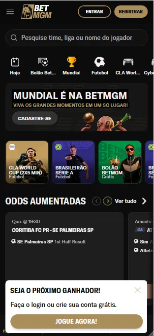Tela da BetMGM com odds aumentadas para jogos do Brasileirão