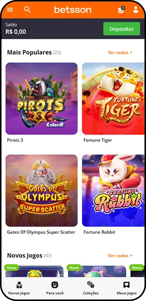 Cassino da Betsson com destaque para os jogos Pirots, Fortune Tiger, Gates of Olympus e Fortune Rabbit.