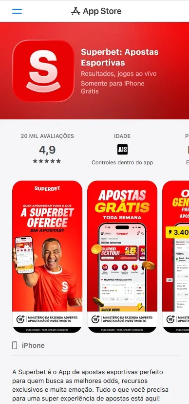 App de apostas Superbet disponível na App Store para iOS