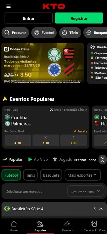 KTO com Oddão Prime no Brasileirão Série A e odds para Coritiba x Palmeiras (4.30/3.30/1.98) em destaque nos Eventos Populares
