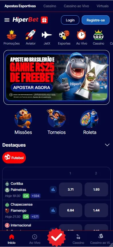 HiperBet com promoção de R$25 em freebet ao apostar no Brasileirão e odds para Coritiba x Palmeiras (3.71/1.93) e Chapecoense x Flamengo (6.84/1.44)