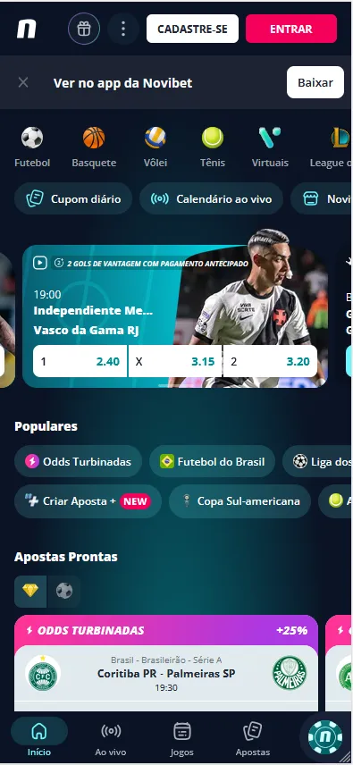Novibet com Odds Turbinadas para Coritiba x Palmeiras no Brasileirão e Pagamento Antecipado em Independiente x Vasco da Gama