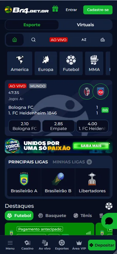 Br4.bet.br com jogo ao vivo Bologna x Heidenheim (2.10/2.85/4.00) e destaques para Brasileirão A, Brasileirão B e Libertadores