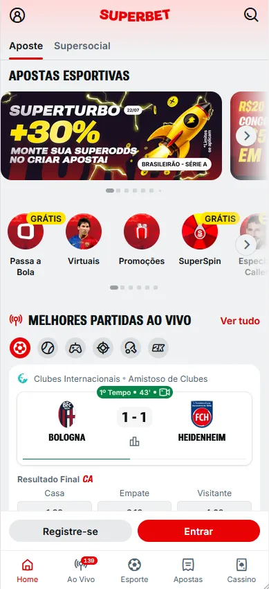 Superbet com SuperTurbo de +30% no Criar Aposta para o Brasileirão Série A e placar ao vivo de Bologna x Heidenheim 1-1