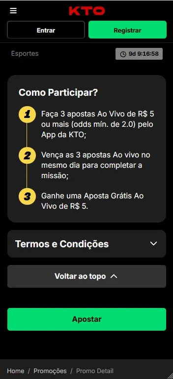 Oferta KTO oferecendo uma aposta grátis ao vivo no valor de R$5