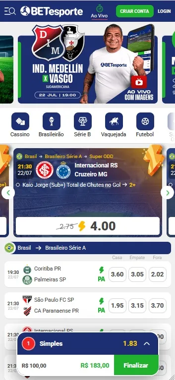 BETesporte com Super ODD para Internacional x Cruzeiro no Brasileirão, Kaio Jorge total de chutes à odd 4.00, e odds para Coritiba x Palmeiras (3.60/3.05/2.02)