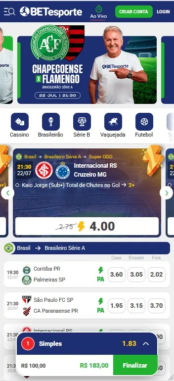 BETesporte com destaque para Chapecoense x Flamengo no Brasileirão Série A e Super ODD em Internacional x Cruzeiro com Kaio Jorge à odd 4.00