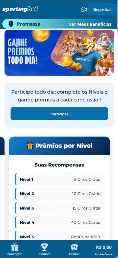 Promoção Ganhe Prêmios Todo Dia na Sportingbet com giros grátis por nível, de 5 a 40 giros e bônus de R$10