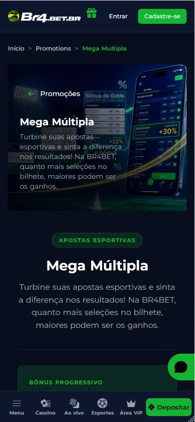 Promoção Mega Múltipla BR4BET com bônus progressivo de até 30% nas odds para apostas esportivas com várias seleções