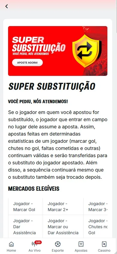 Promoção Super Substituição Superbet transfere apostas em estatísticas de jogador para o substituto que entrar em campo