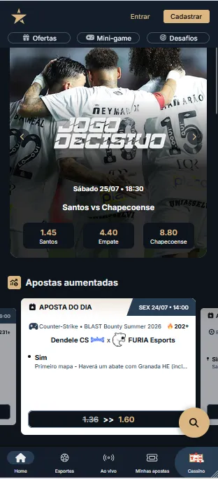 EstrelaBet com destaque para Santos vs Chapecoense em 25/07 com odds 1.45, 4.40 e 8.80